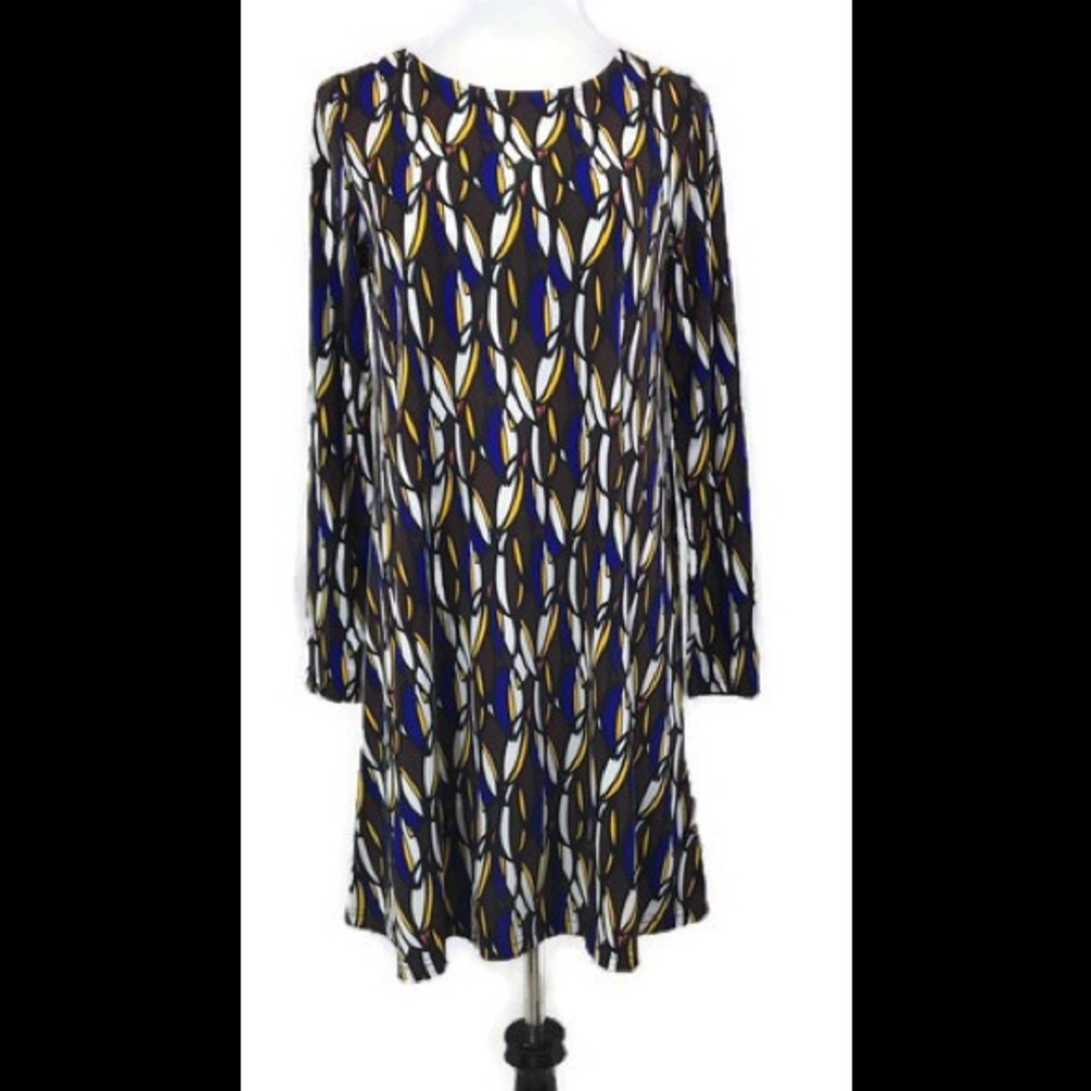Tracy Negoshian Brown & Blue Feather Stretch Dress Sz Small
